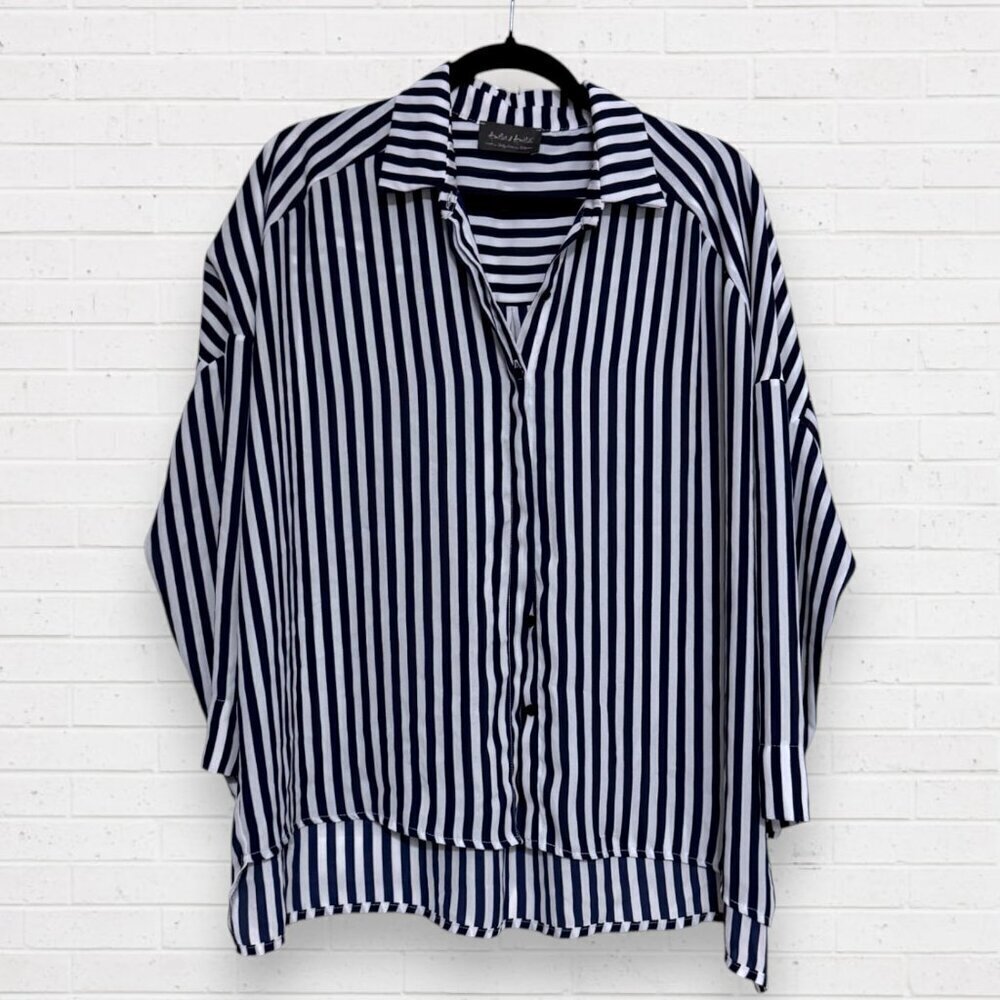 Amelie Amelie Italy Navy White Striped Oversized Coastal Chic Blouse Top Large
